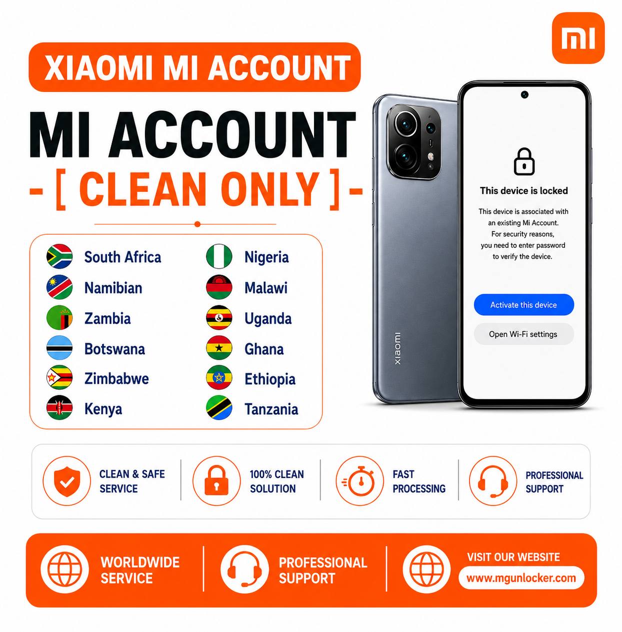 Xiaomi Mi Account - [ Clean Only ] - South Africa, Namibian, Zambia, Botswana, Zimbabwe, Kenya, Nigeria, Malawi, Uganda, Ghana, Ethiopia, Tanzania  
